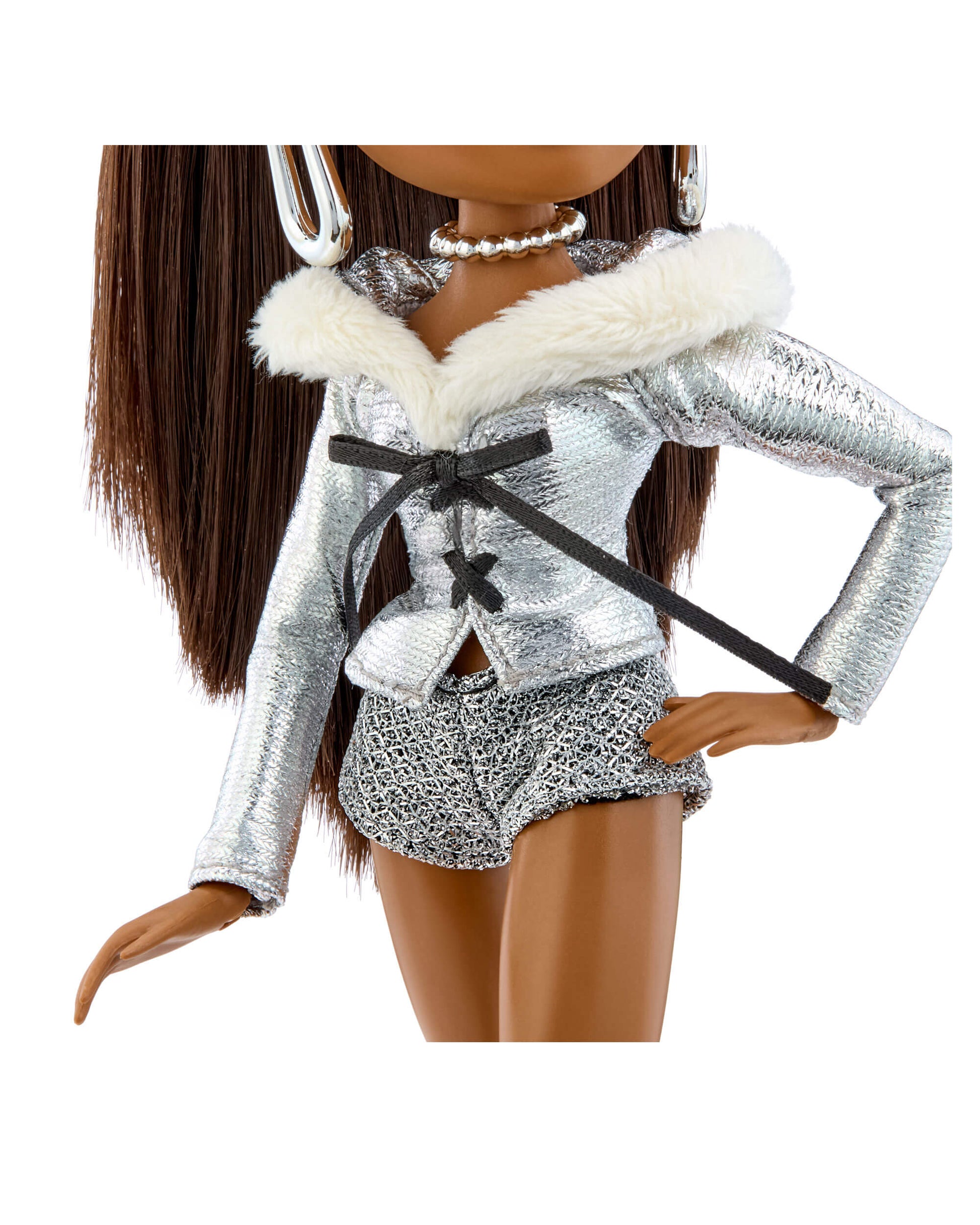 Sasha wearing a silver jacket with white fur trim on a white background