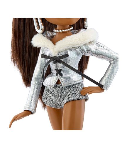 Sasha wearing a silver jacket with white fur trim on a white background