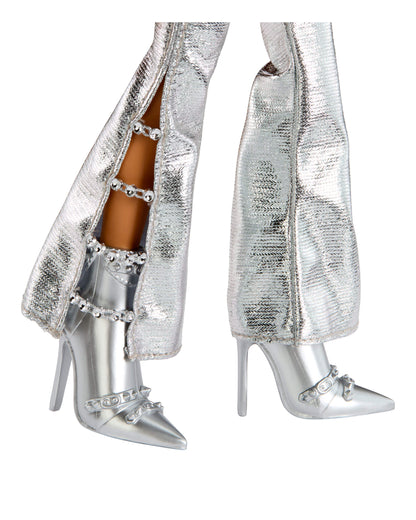 Silver high-heeled shoes with embellishments on a white background
