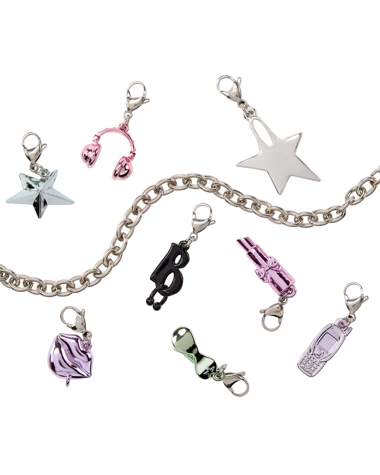 Collection of various charm pendants on a chain against a white background