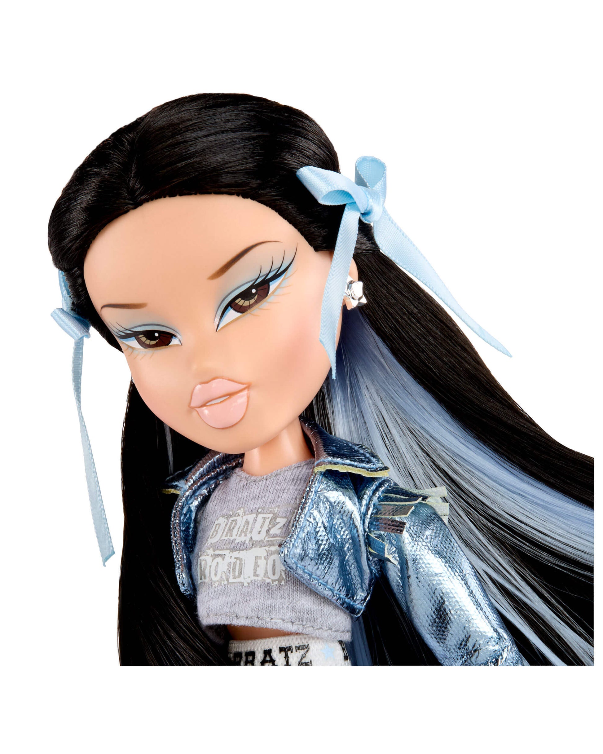 Bratz doll with long black hair and blue ribbons on a white background