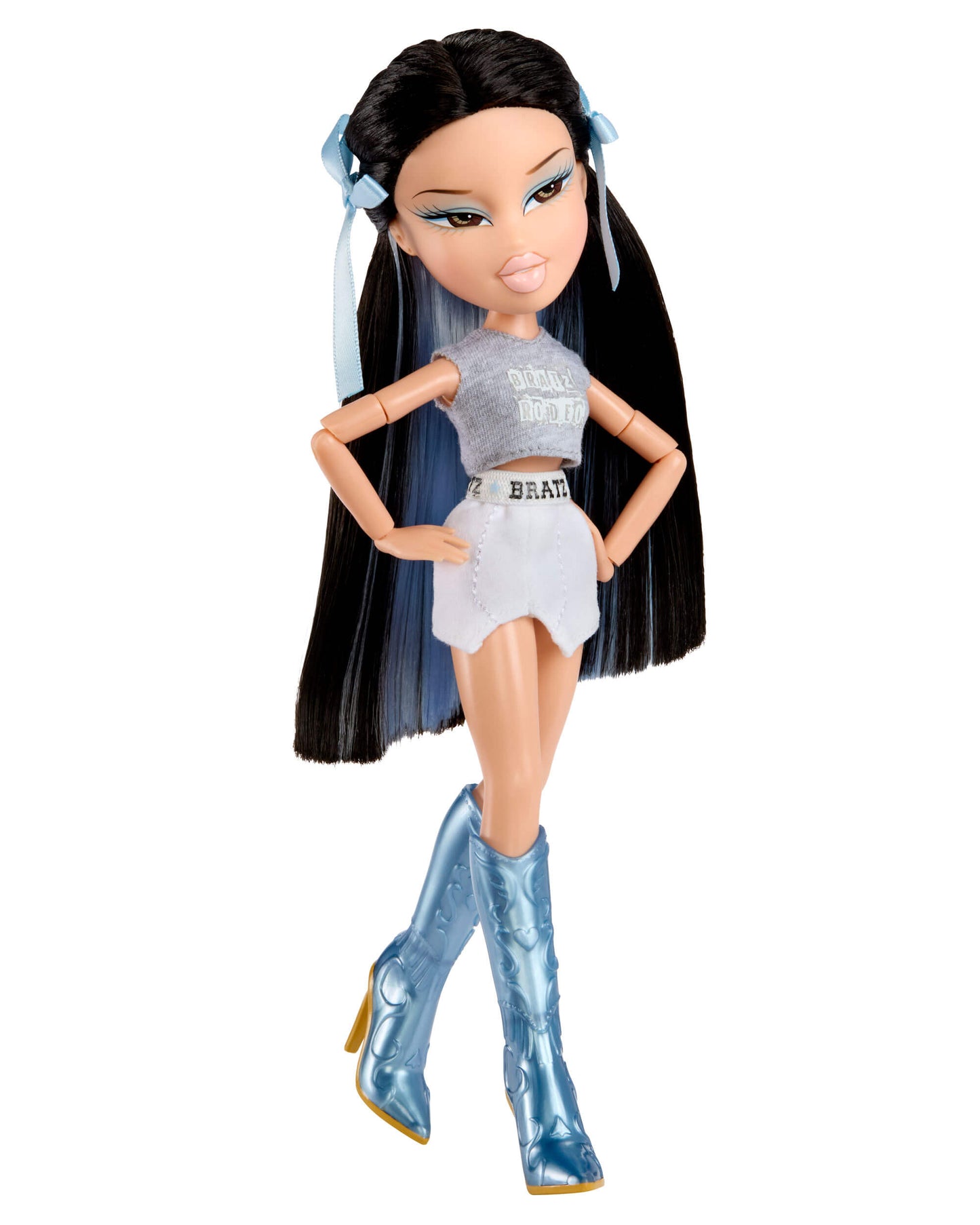 Toy doll with long black hair, gray top, white shorts, and blue high-heeled boots on a white background