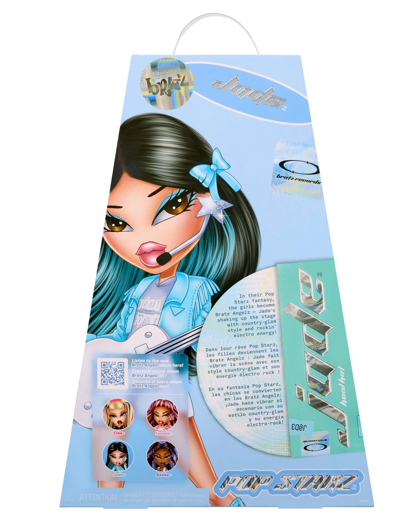 Pop Starz doll packaging with character illustration and product details on a blue background
