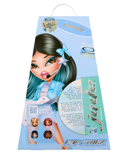 Pop Starz doll packaging with character illustration and product details on a blue background