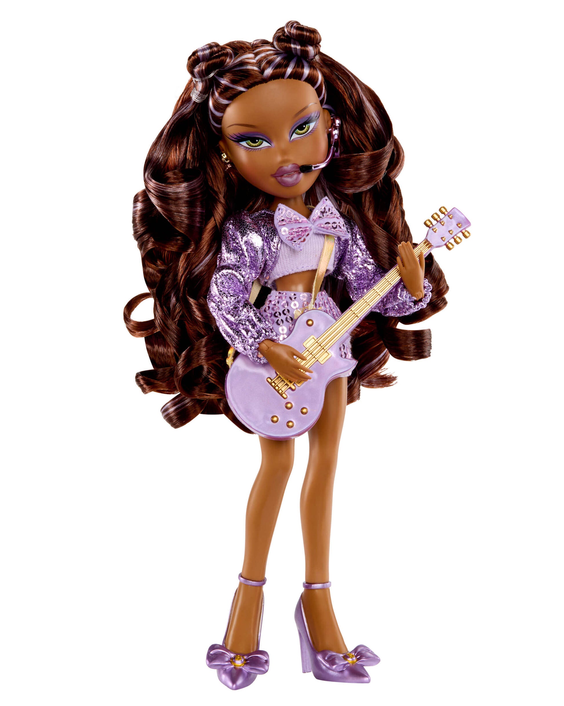 Doll with long brown hair, purple outfit, and guitar on a white background