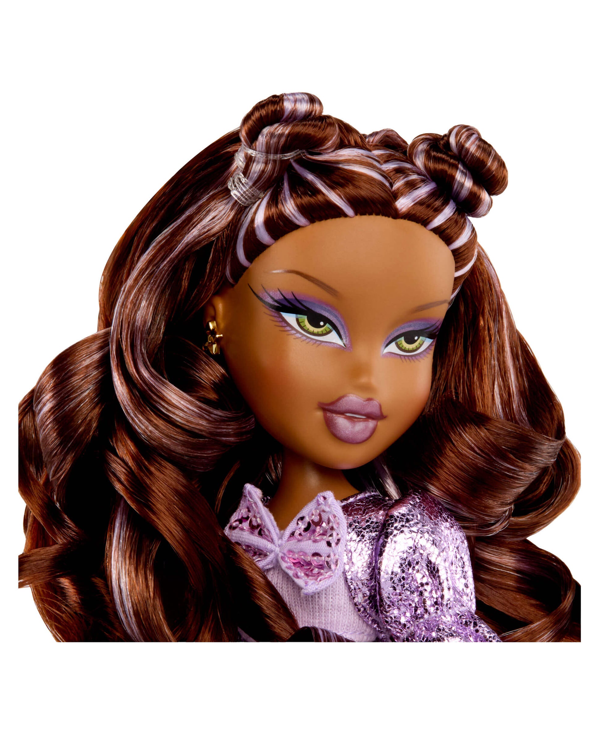 Close-up of Sasha with braided hair and purple outfit on a white background