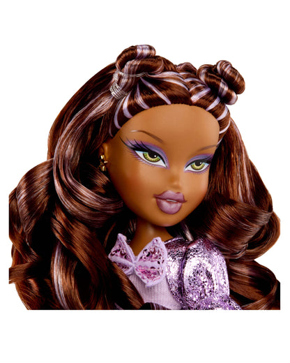 Close-up of Sasha with braided hair and purple outfit on a white background