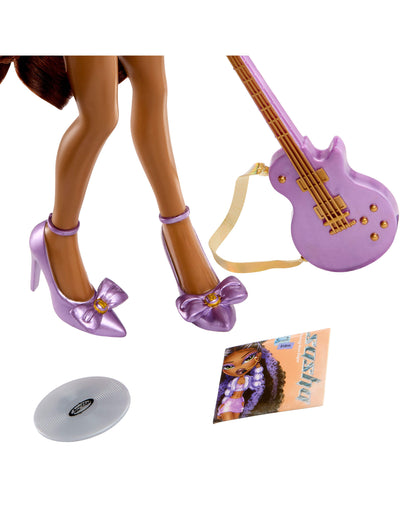 Doll with purple high heels, guitar, and record on a white background