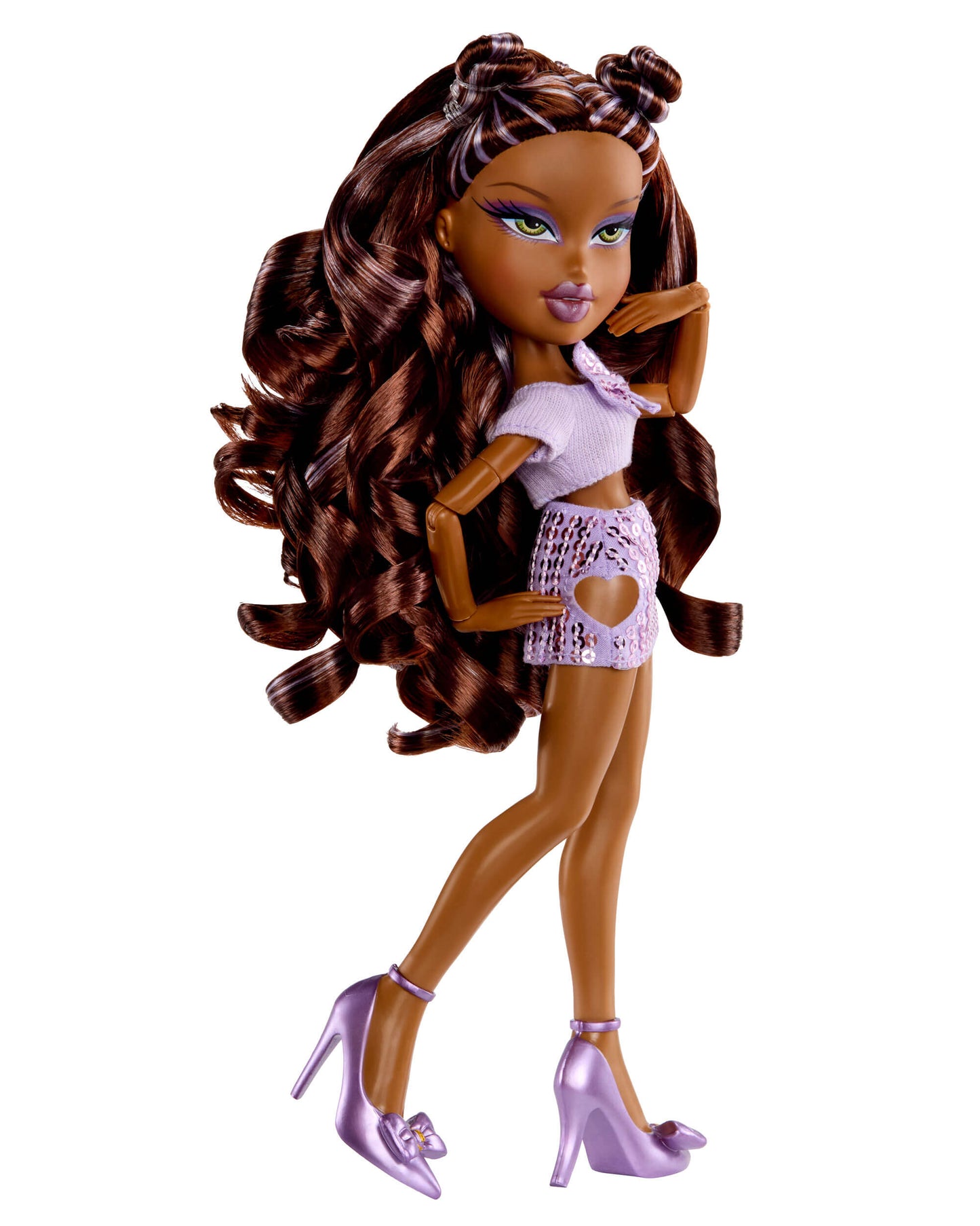 Doll with long brown hair, purple top, purple skirt and high heels on a white background