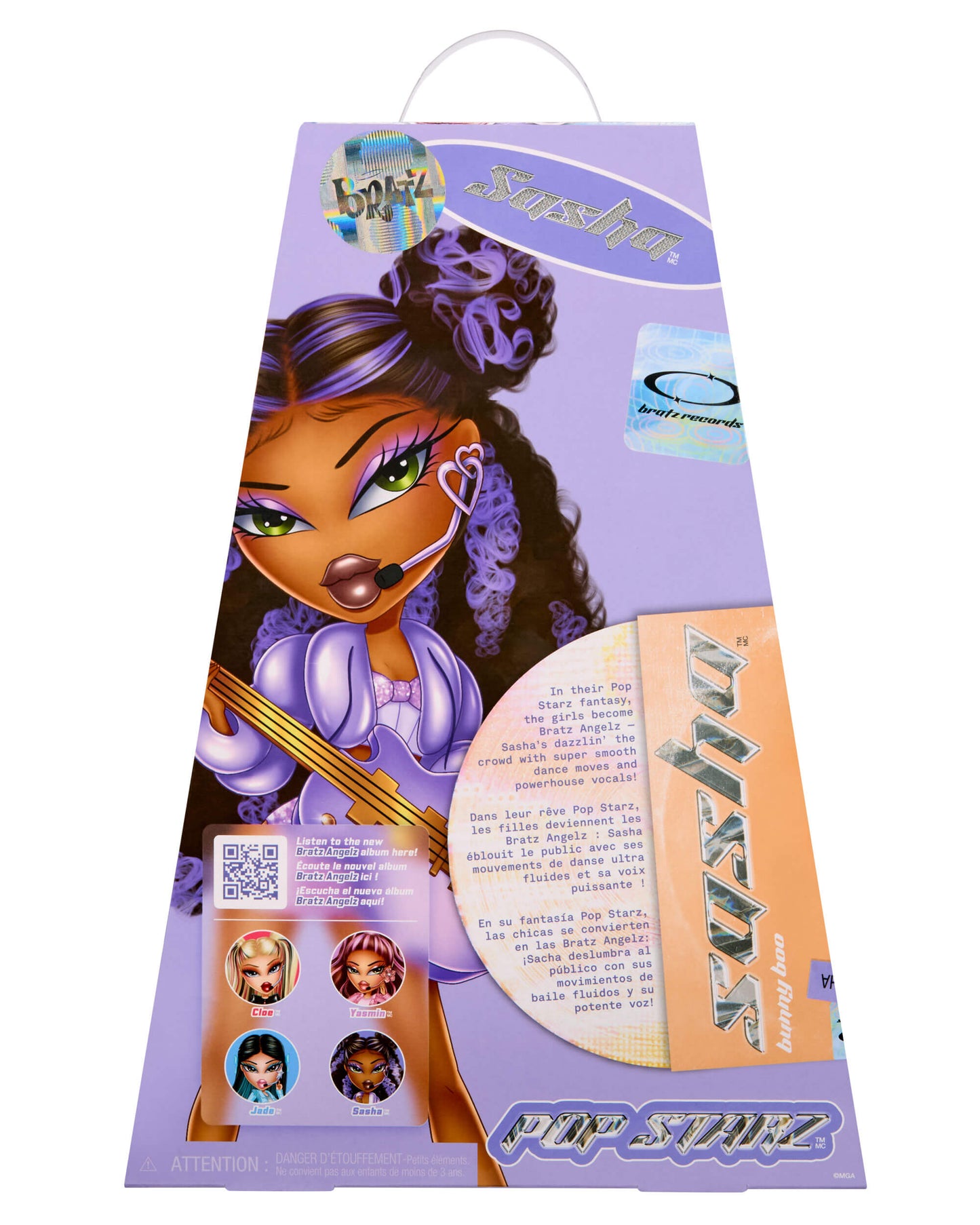 Back of packaging for a doll with purple hair and outfit, featuring branding and product details.