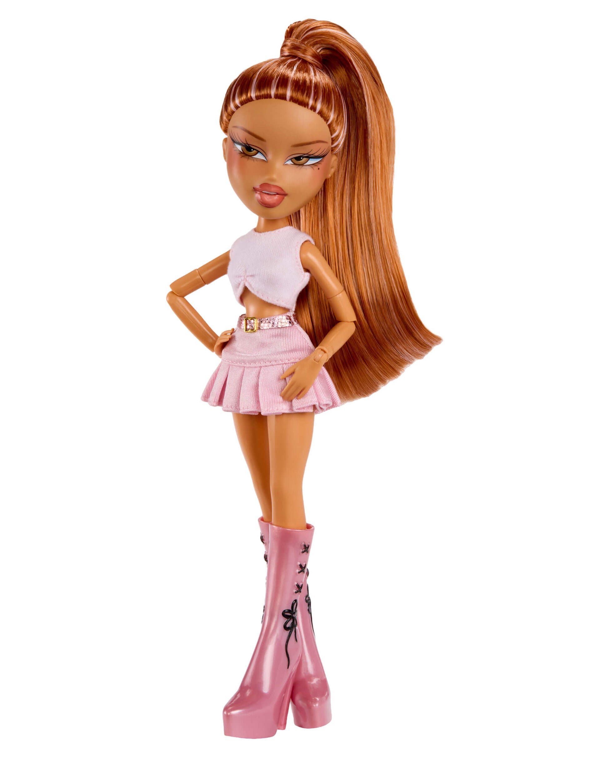 Yasmin with long brown hair, pink outfit, and high boots on a white background