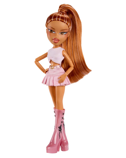 Yasmin with long brown hair, pink outfit, and high boots on a white background