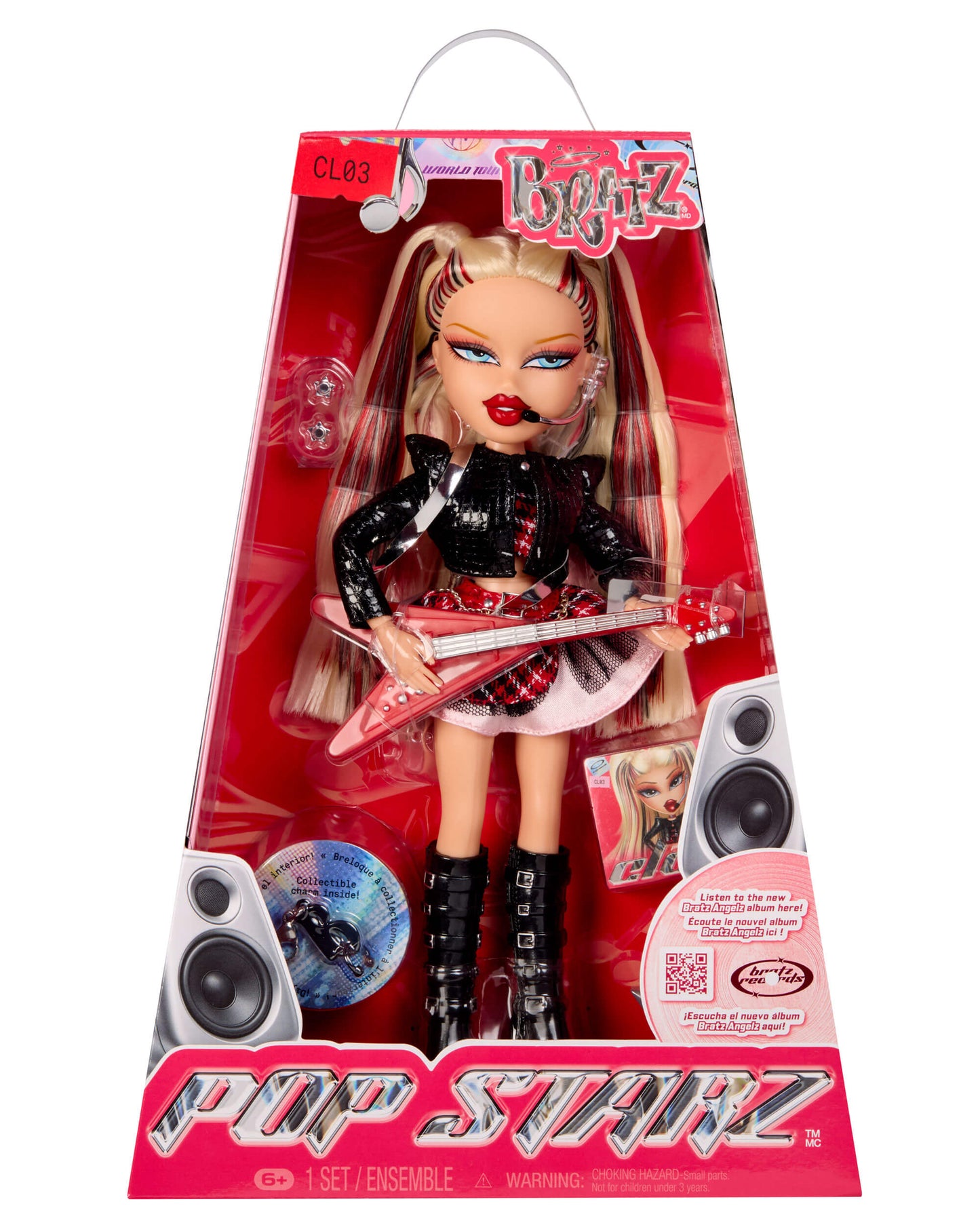 Pop Starz Cloe doll in packaging with guitar and speakers on a white background