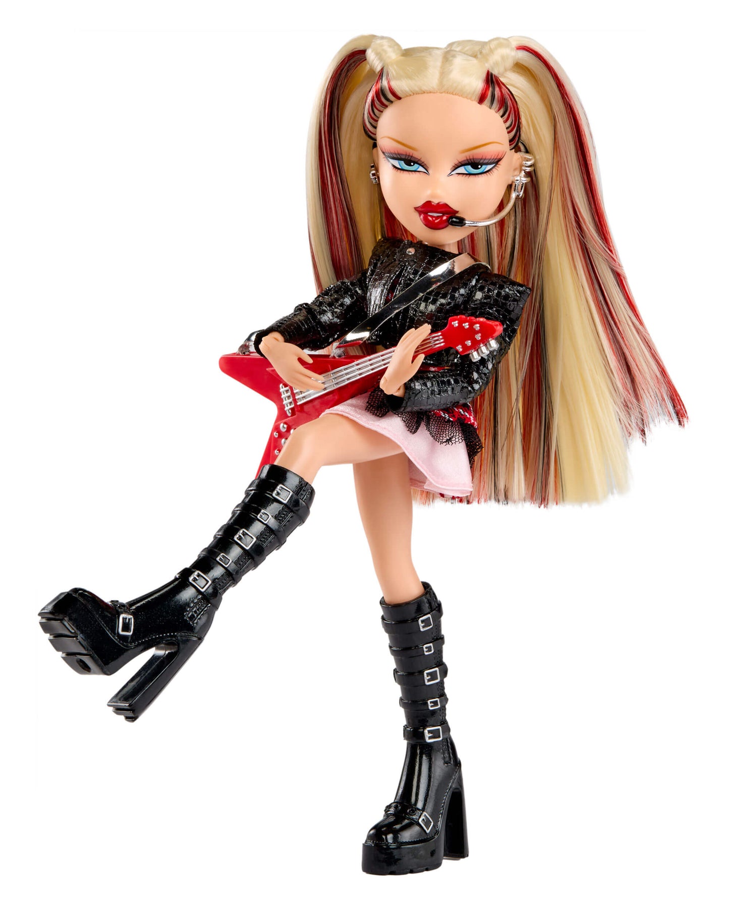 Doll with blonde hair in pigtails, black leather jacket, and boots holding a red guitar on a white background