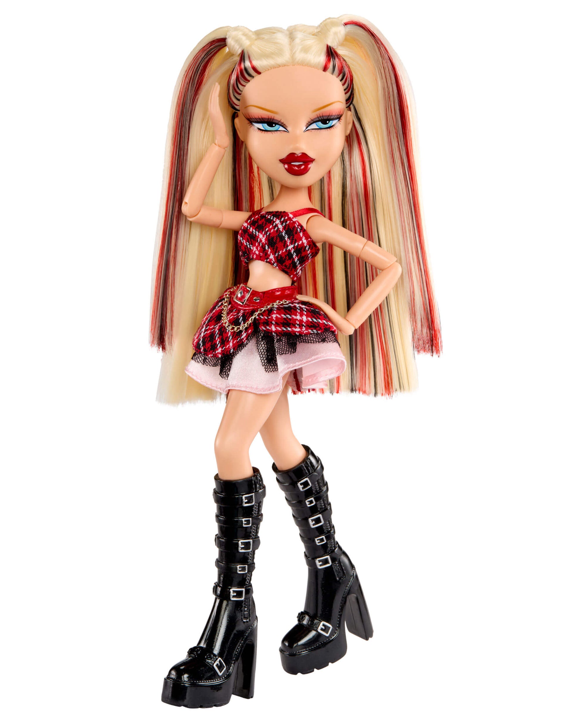 Toy doll with colorful hair and outfit on a white background