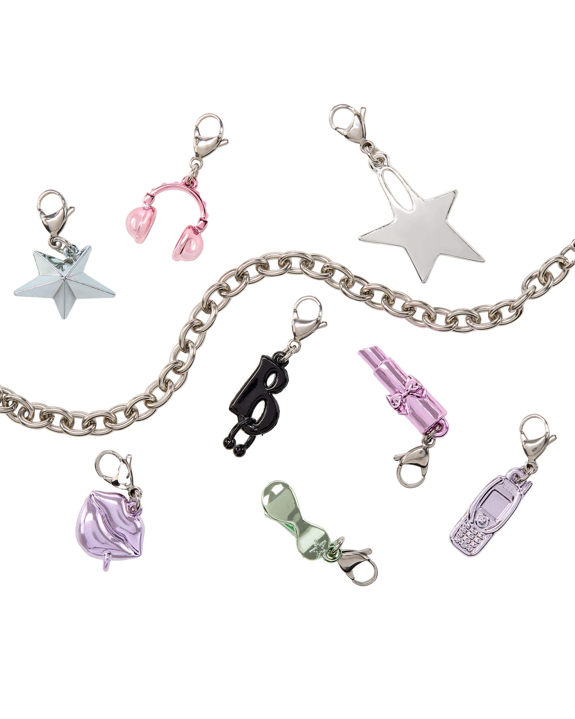 Collection of various charms on a chain against a white background