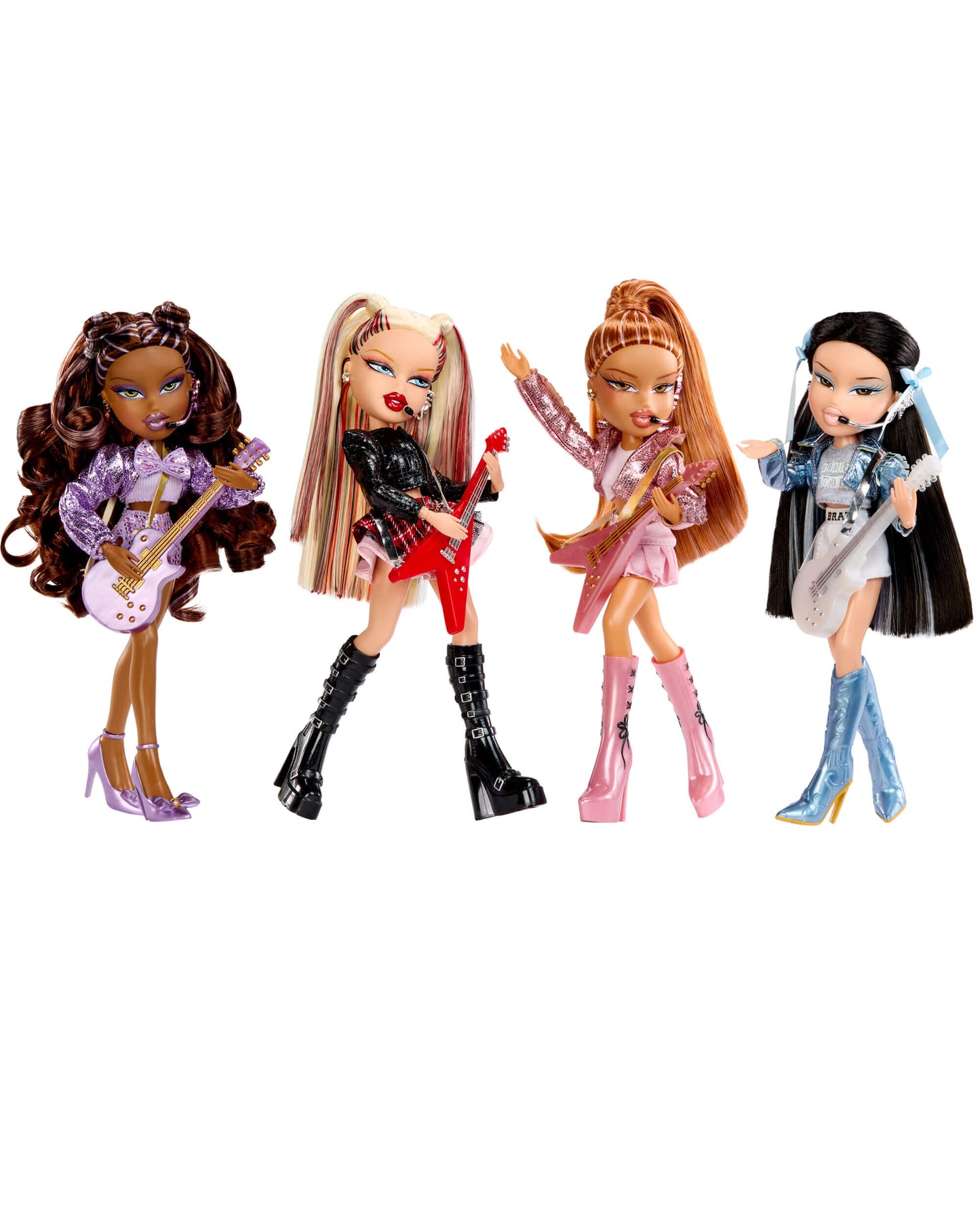 All four Bratz Pop Star dolls with musical instruments on a white background