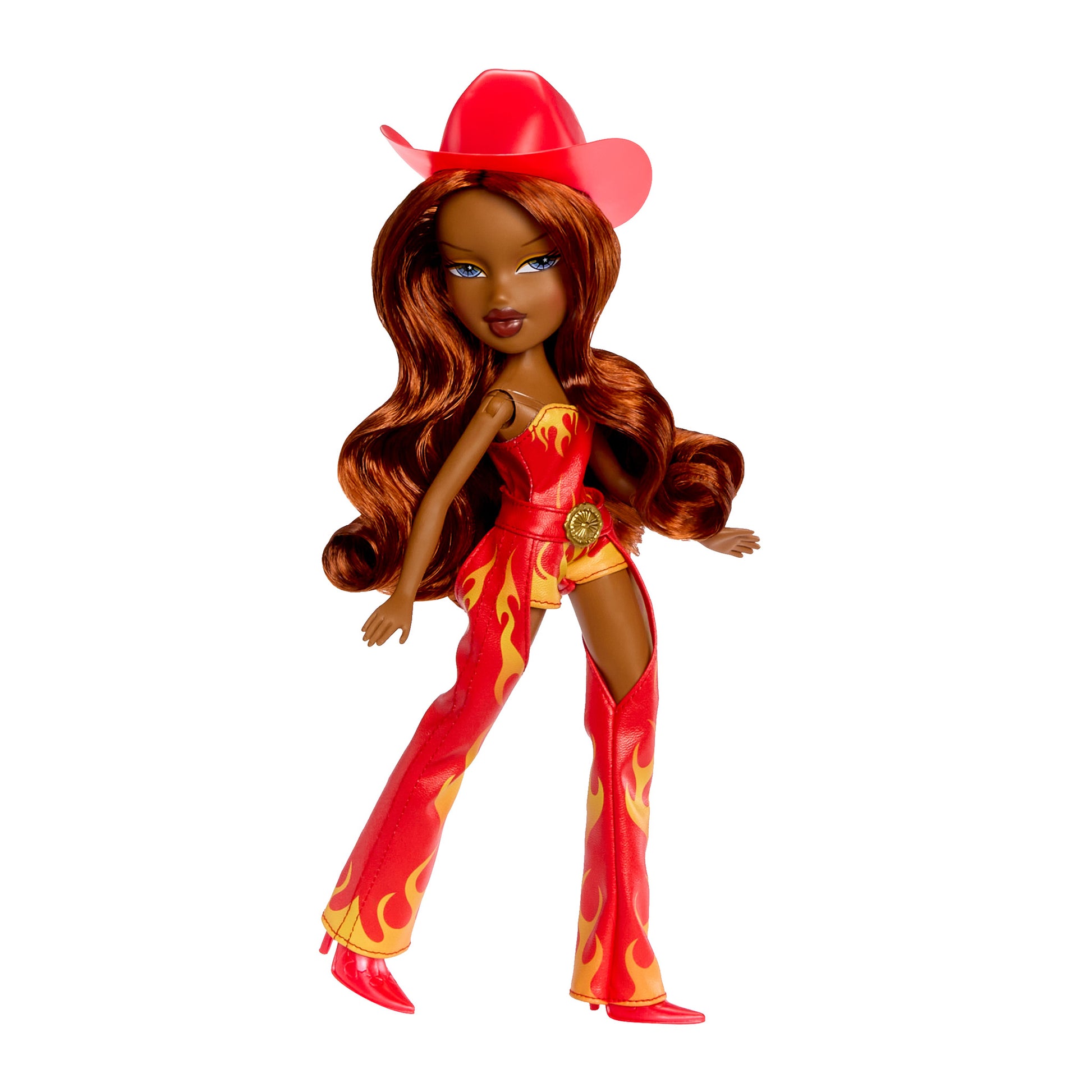 Sasha Doll in a red outfit with flame patterns and a cowboy hat on a white background