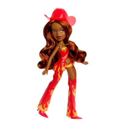 Sasha Doll in a red outfit with flame patterns and a cowboy hat on a white background