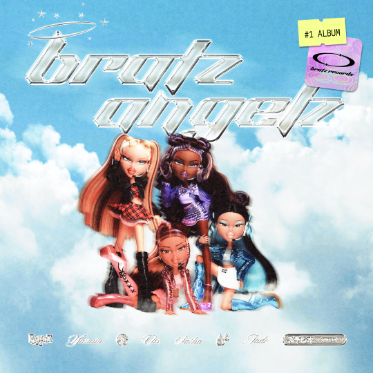 Album cover for 'bratz angelz' with dolls against a cloudy sky background