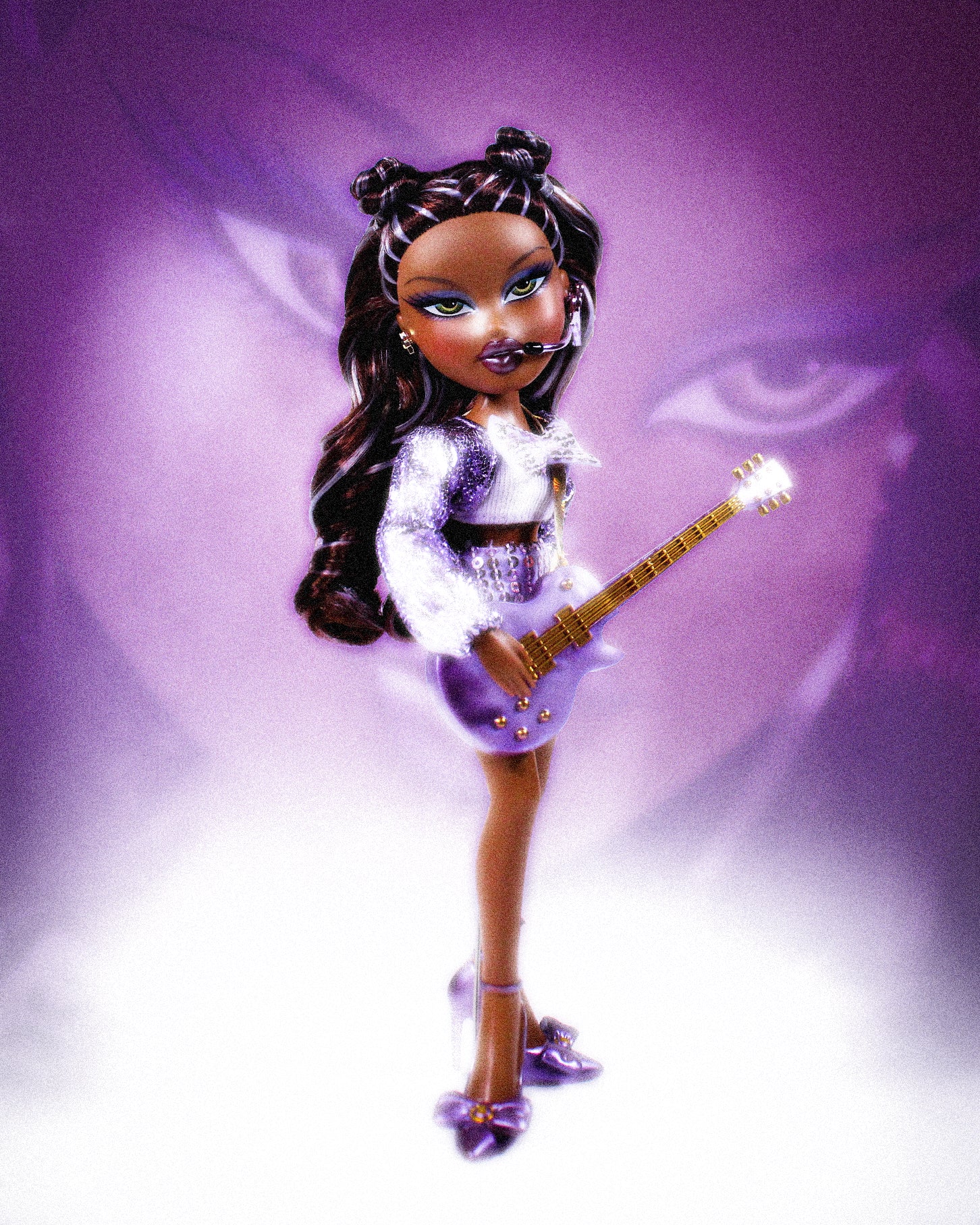 Pop Starz Sasha Doll with long puple streak hair holding a guitar against a purple background