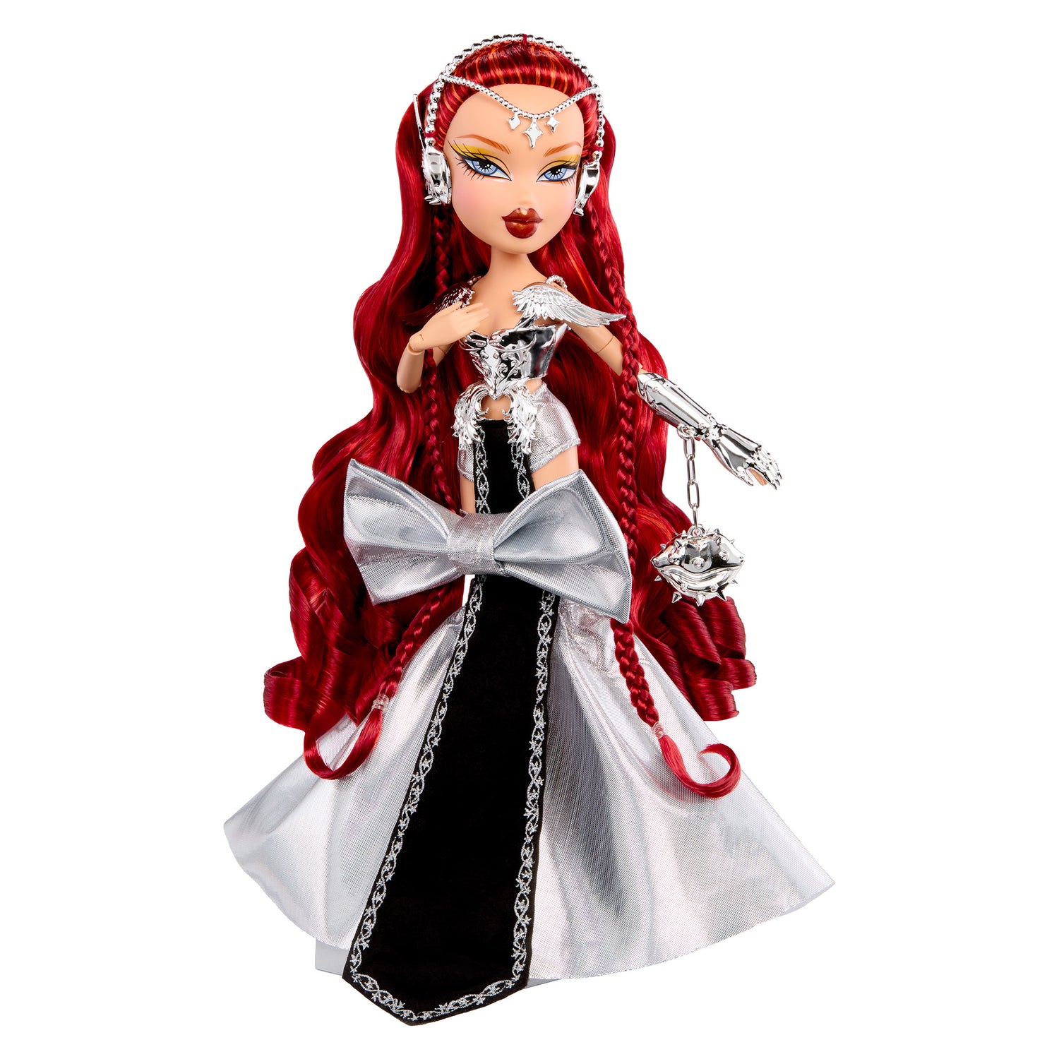 Doll with red hair and silver outfit wearing all the accessories