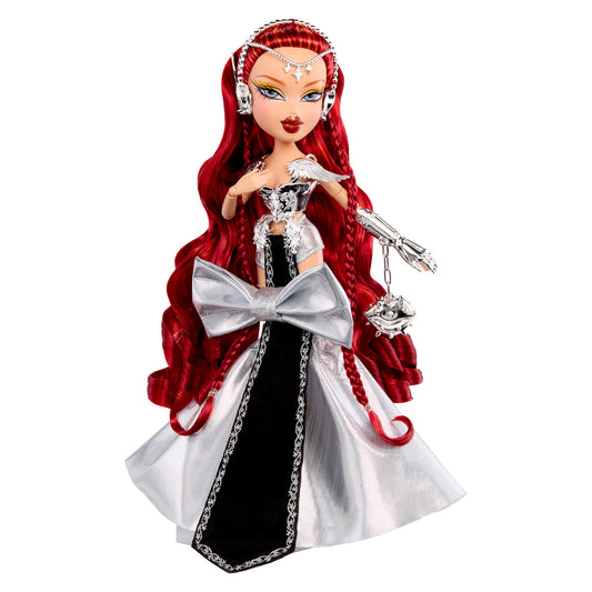 Doll with red hair and silver outfit wearing all the accessories