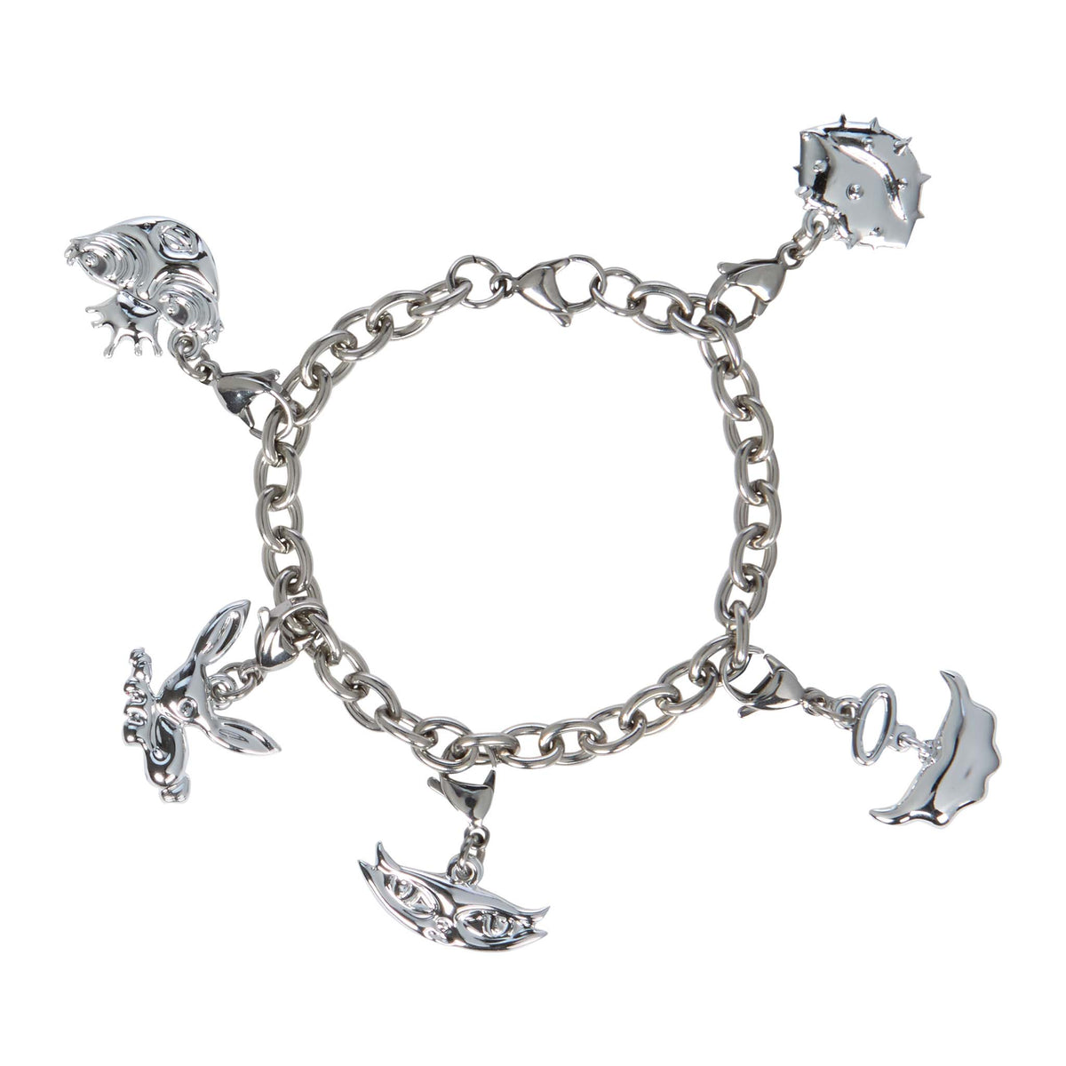 A silver-tone chain bracelet with five dangling charms from each doll from the First Reimagined dolls