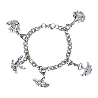 A silver-tone chain bracelet with five dangling charms from each doll from the First Reimagined dolls