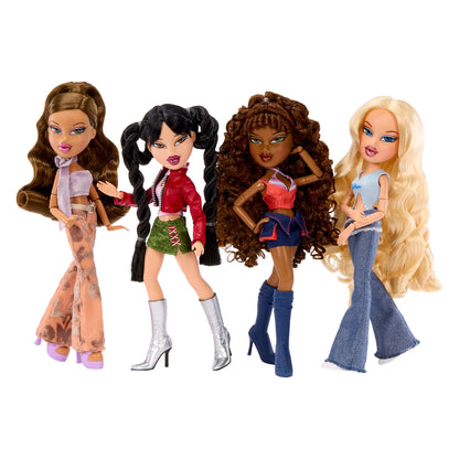 Four First Reimagined Bratz dolls standing side by side - each with long wavy hair and colorful outfits.