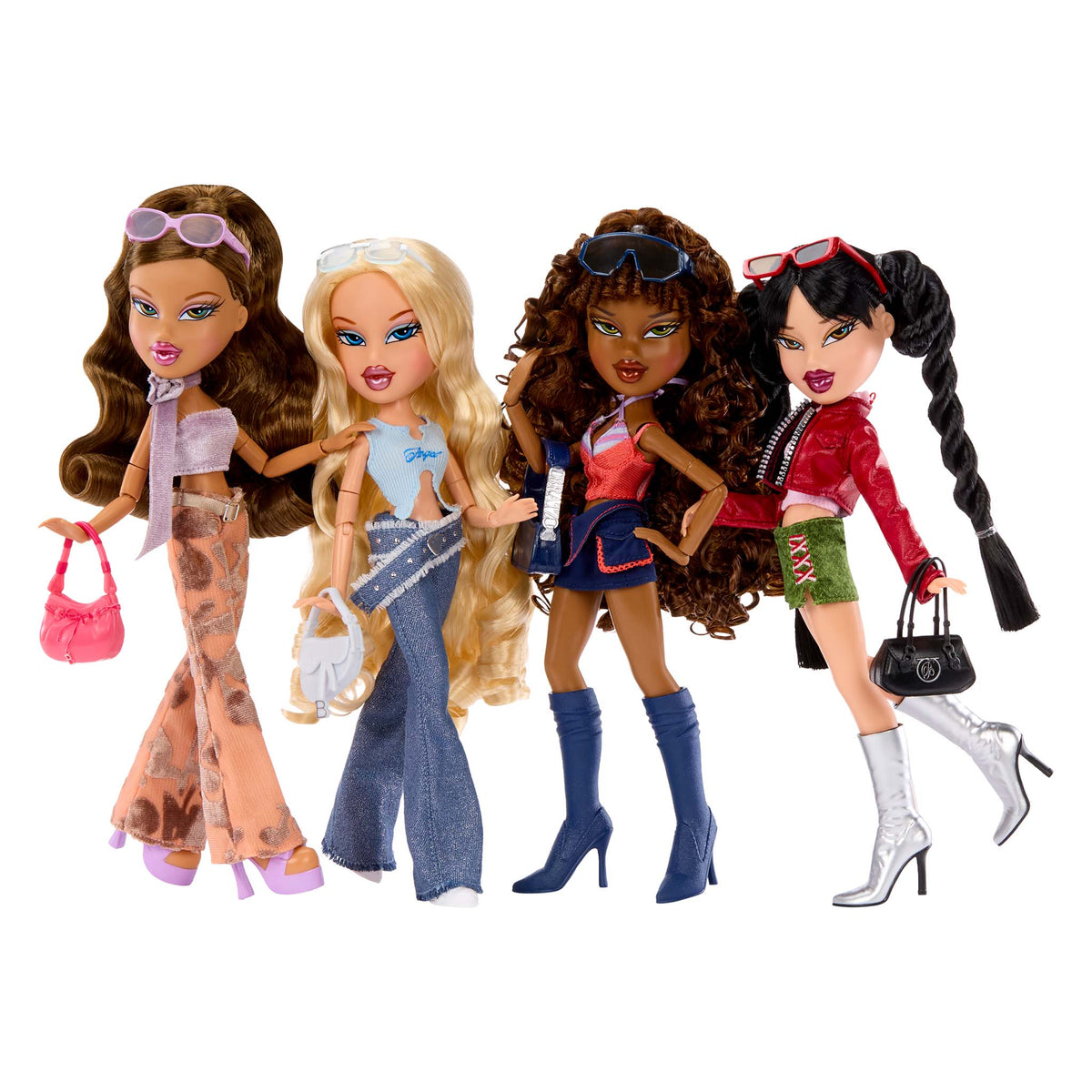 Four Bratz First Reimagined fashion dolls standing side - each styled with different outfits, accessories, and hair colors.