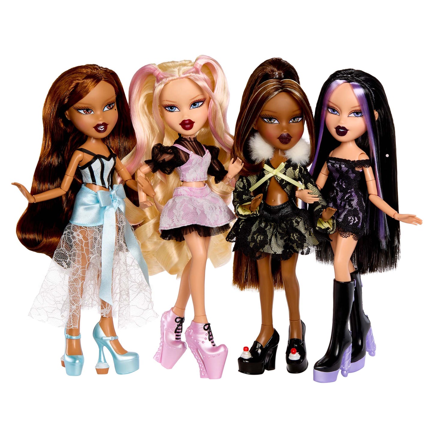 Four fashion Bratz Stylin Birthdayz dolls with different hairstyles and outfits 