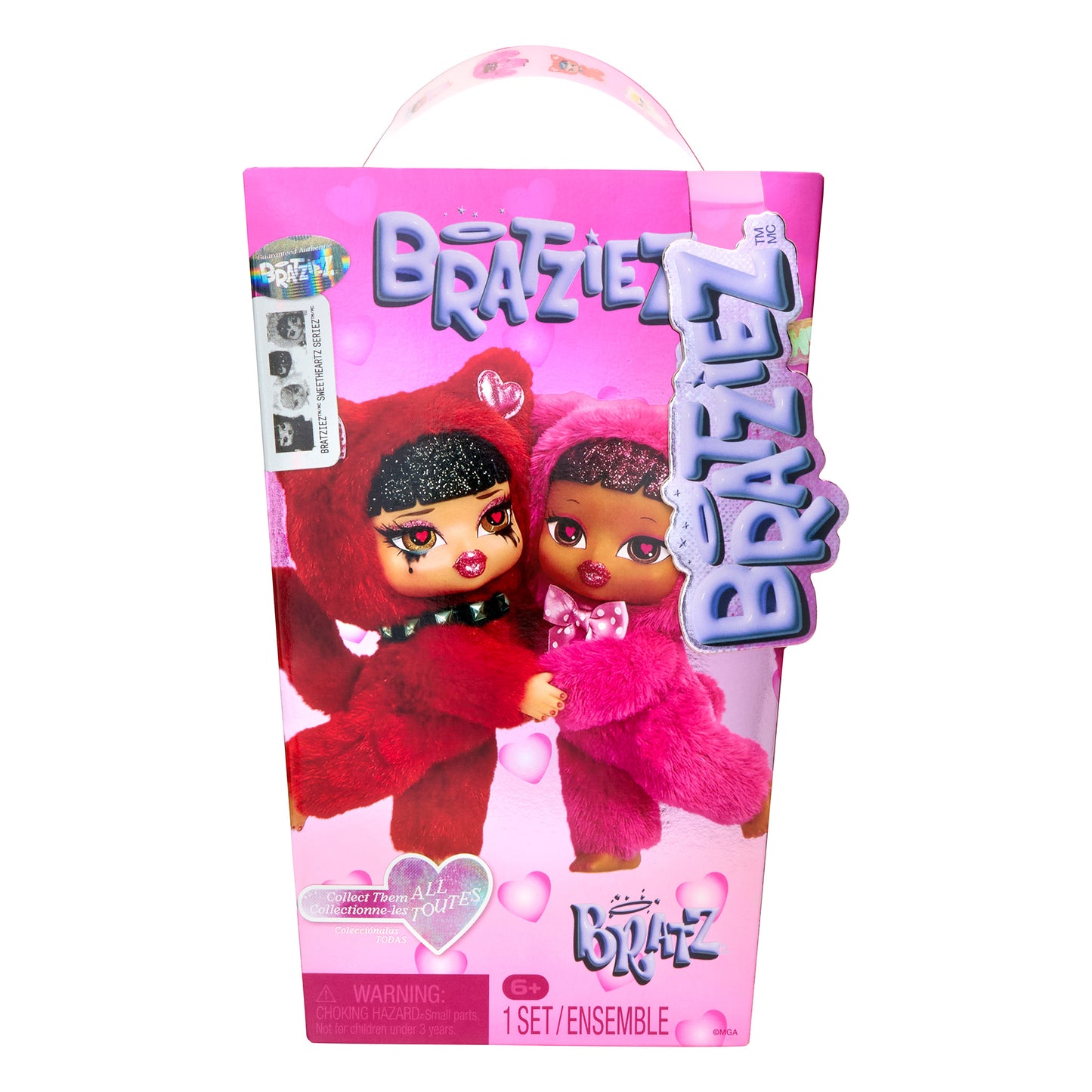 Bratziez dolls in a pink packaging with a clear handle on a white background