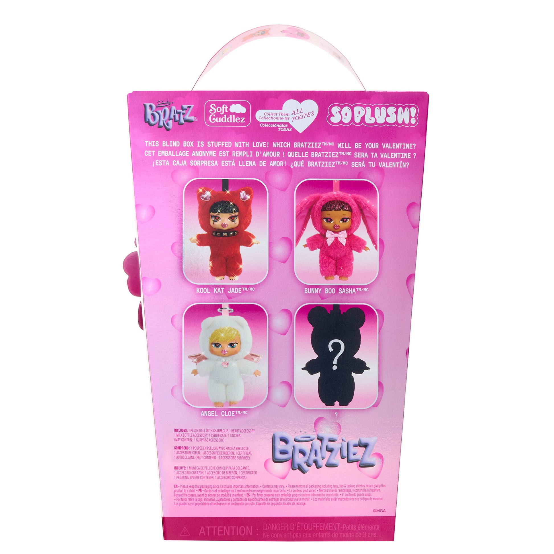 Pink packaging of Bratziez dolls with four different blind dolls inside on a white background