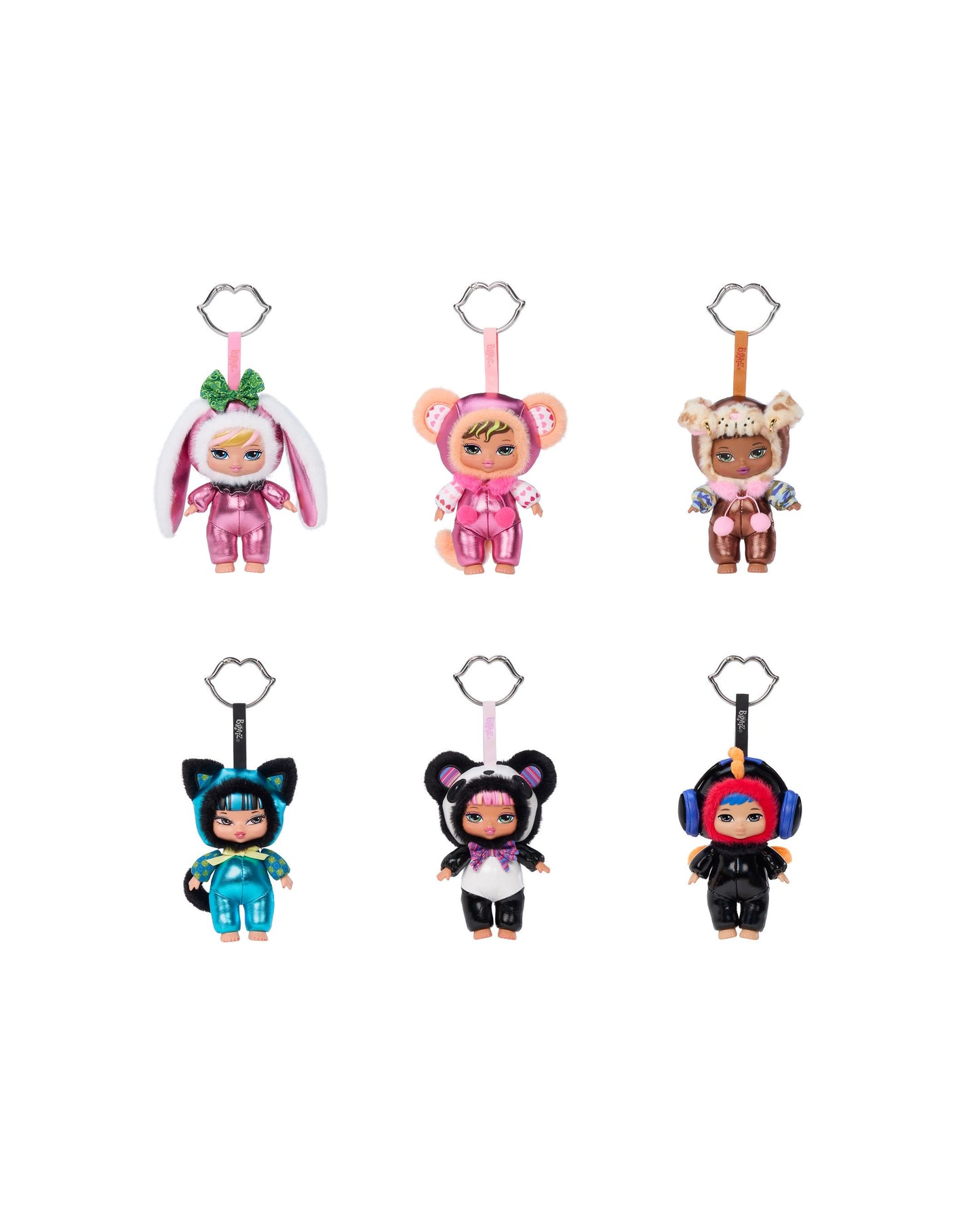 Six small character keychain figures arranged in two rows on a plain white background. Each figure has a metal key ring at the top and wears a different costume: bunny, bear, monkey, cat, mouse, and astronaut outfits.
