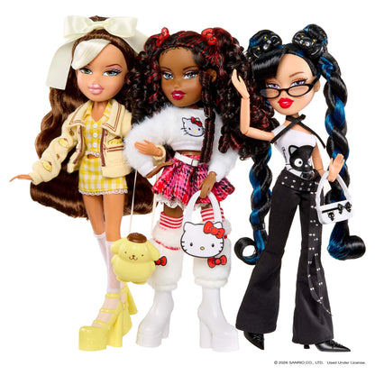 Three fashion dolls standing together on a white background, each styled with different outfits and accessories. The doll on the left has long brown hair, a white bow, a beige jacket, a yellow-and-white dress, white socks, and yellow platform shoes, and carries a yellow plush bag.