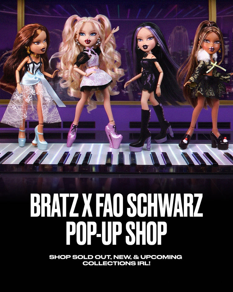 for the Bratz x FAO Schwarz Pop-Up Shop, bratz dolls on piano 'BRATZ X FAO SCHWARZ POP-UP SHOP'.