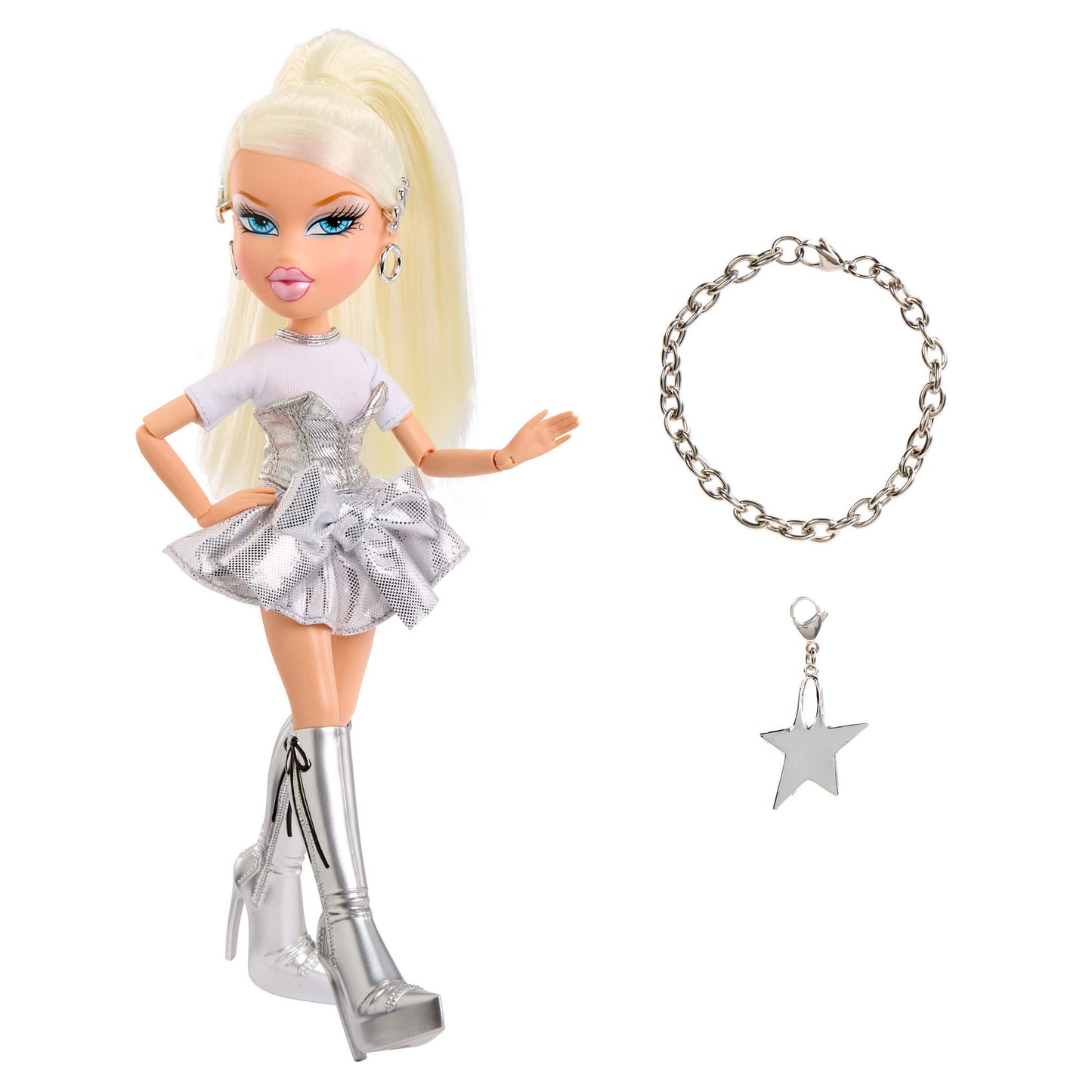 Doll in silver outfit with matching bracelet featuring star charm on a white background