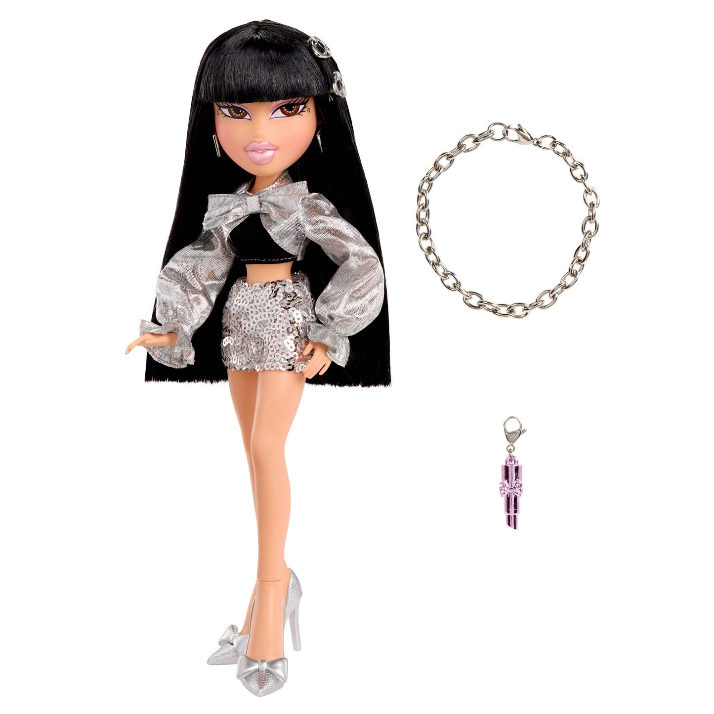 doll with black hair and outfit, bracelet, and keychain on a white background