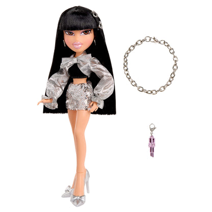 doll with black hair and outfit, bracelet, and keychain on a white background