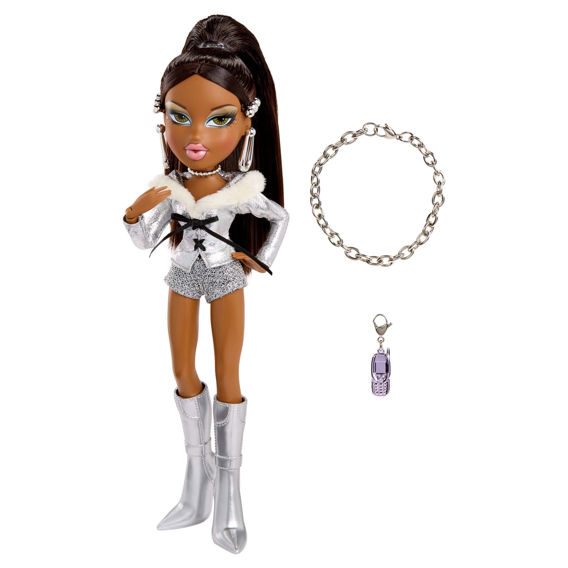 Doll with silver outfit and accessories on a white background