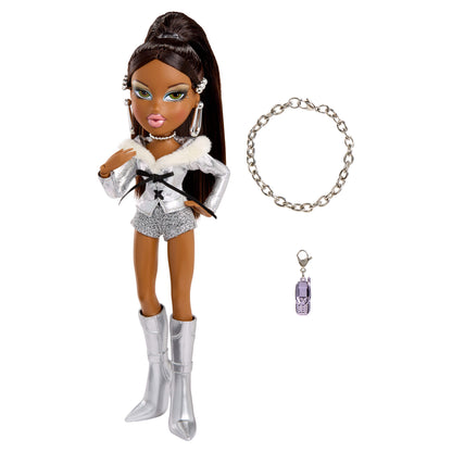 Doll with silver outfit and accessories on a white background