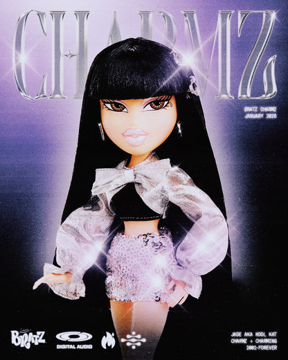 Charmz jadedoll with long black hair and a bow, set against a purple background