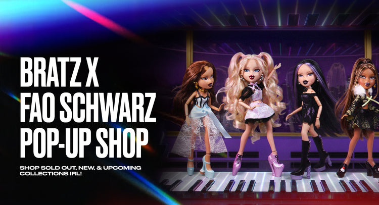for the Bratz x FAO Schwarz Pop-Up Shop, bratz dolls on piano 'BRATZ X FAO SCHWARZ POP-UP SHOP'.