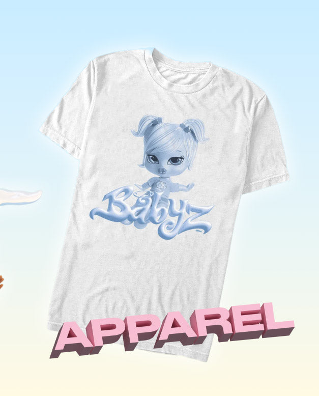 White t-shirt with a graphic of a blue character and 'Apparel' text on a light blue background.