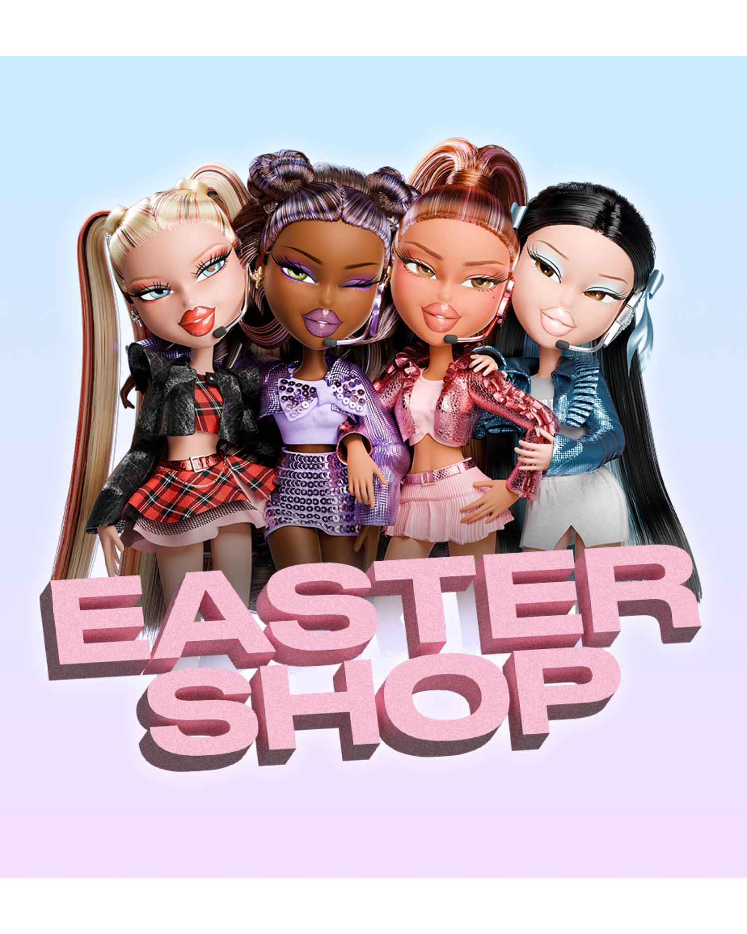 bratz dolls  with 'Easter Shop' text.