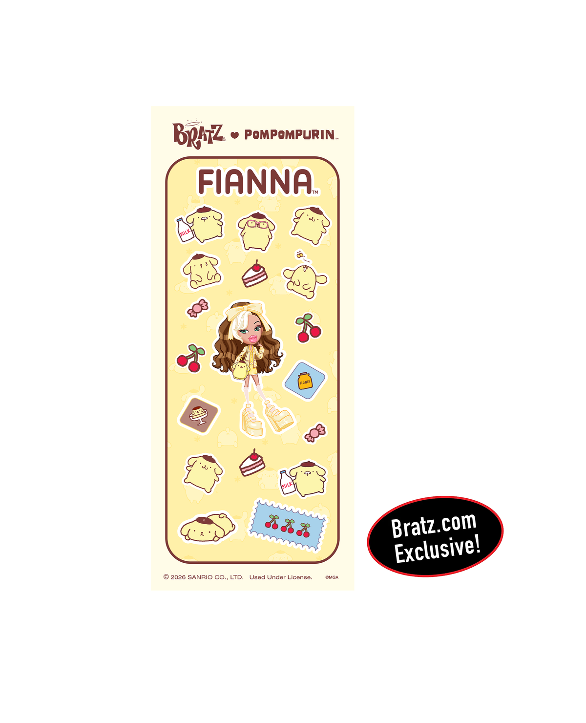 UK| A Bratz sticker sheet featuring the character Fianna with various food-themed stickers, set against a pale yellow background. A black oval sticker on the bottom right reads 'Bratz.