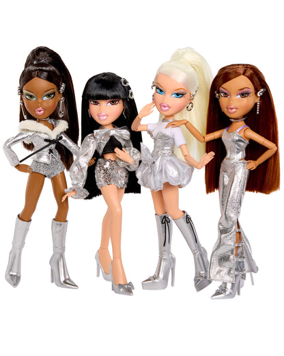 Four Bratz Charmz Dolls in silver outfits on a white background
