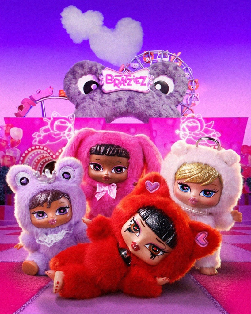 Bratziez Sweetheartz in colorful outfits with a purple background featuring the 'Bratziez' logo.