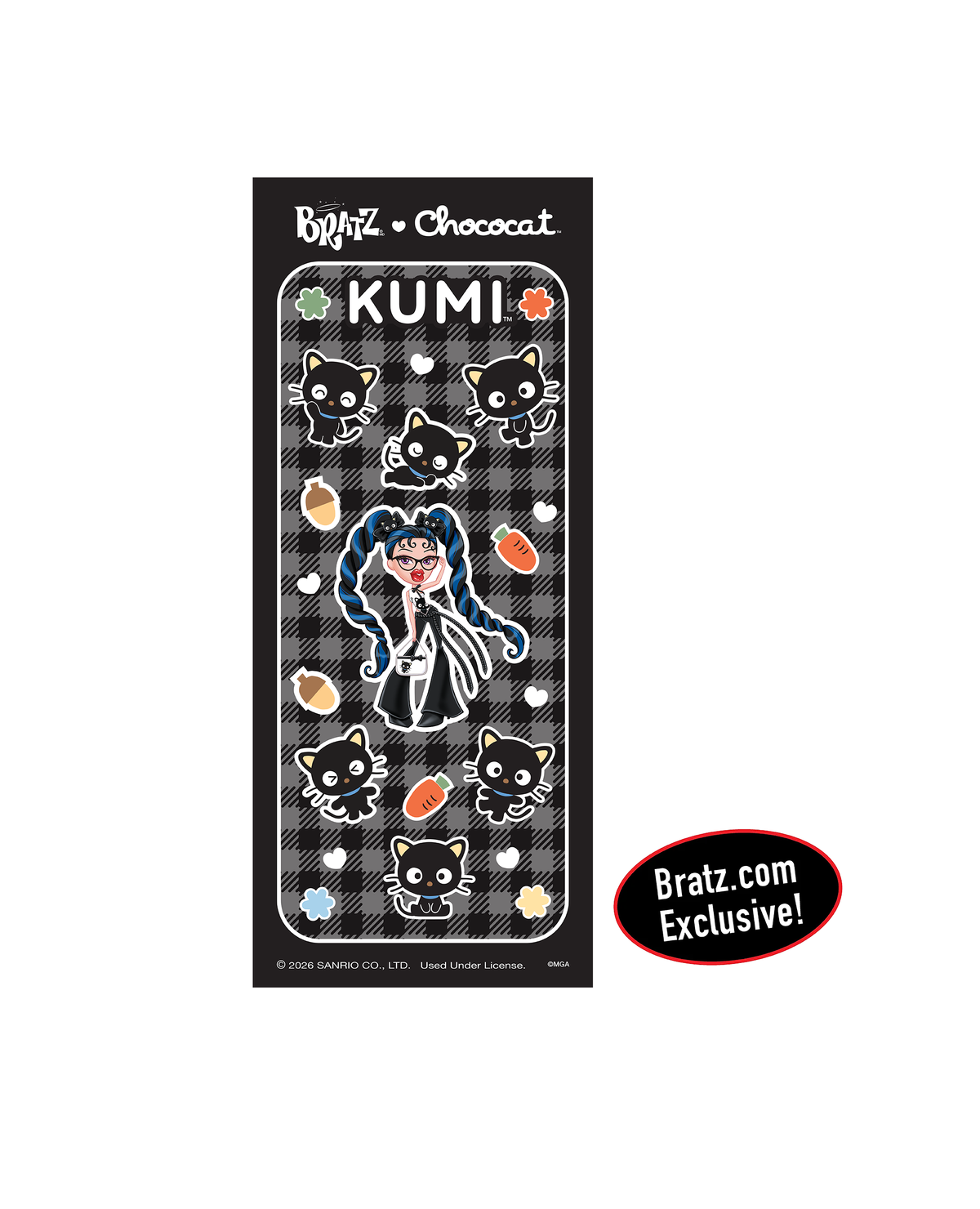 UK| A Bratz x Chococat Kumi sticker sheet featuring a black and white plaid background with cute cartoon cat characters, acorns, and a central character illustration. A black oval badge on the right reads 'Bratz.